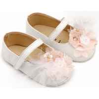 Δερμάτινο Γοβάκι Μονή Μπαρέτα με Υφασμάτινο Χειροποίητο Φιογκάκι σε Λευκό Ροζ Χρώμα