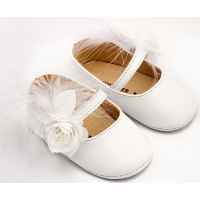 Δερμάτινο Γοβάκι Μονή Μπαρέτα Διακοσμημένο με Λουλούδι και Πούπουλα σε Λευκό Χρώμα