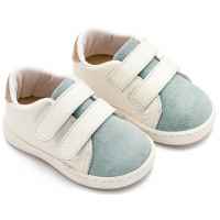 Τρίχρωμο Sneakers  Διπλή Μπαρέτα Χρατς από Δέρμα και Ύφασμα σε Λευκό Μίνεραλ Μπεζ Χρώμα