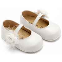 Δερμάτινο Γοβακι Μονή Μπαρέτα με Χειροποίητο Λουλουδάκι με Πούπουλα από Δέρμα Νάπα σε Λευκό Χρώμα