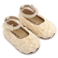 Υφασμάτινη Μπαλαρίνα Διακοσμημένη με Chiffon Λουλούδια σε Εκρού Χρώμα