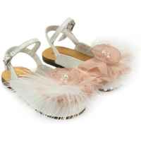 Δερμάτινο Σαμπό Διακοσμημένο με Χειροποίητο Chiffon Λουλούδι και Πούπουλα από Δέρμα Πέρλα σε  Εκρού Ροζ Χρώμα