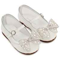 Γοβάκι απο Ύφασμα Φιλντιρέ  με Δερμάτινες Λεπτομέρειες  και Φιόγκο Στρας σε Λευκό Χρώμα