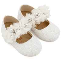 Υφασμάτινο Glitter Γοβάκι Μονή Μπαρέτα Στρας με Λουλούδια Πέρλες και Κρύσταλα Swarovski σε Λευκό Χρώμα