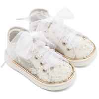 Sneaker απο Ύφασμα Φιλντιρέ Λουλούδια με Δερμάτινες Λεπτομέρειες και Chiffon Κορδόνι σε Λευκό Χρώμα