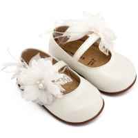 Δερμάτινο Γοβάκι Μονή Μπαρέτα Χειροποίητο Λουλούδι με Πούπουλα σε Εκρού Χρώμα