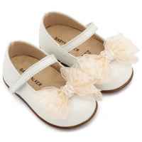 Δερμάτινο Γοβάκι Μονή Μπαρέτα Φιογκάκι Οργάντζας σε Εκρού Χρώμα