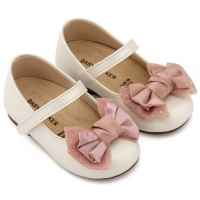 Δερμάτινο Γοβάκι Μονή Μπαρέτα με  Διακοσμητική Σατέν Φιόγκο σε Εκρού Ροζ Χρώμα