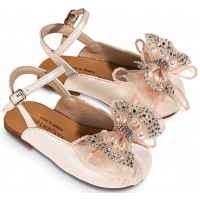 Δερμάτινο Γαλλικό Σαμπό με Φιόγκο Οργάντζας και Στρας σε Εκρού Ροζ Χρώμα