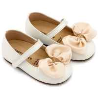 Δερμάτινο Γοβάκι Μονή Μπαρέτα Χρατς με Σατέν Χειροποίητο Φιόγκο σε Εκρού Χρώμα