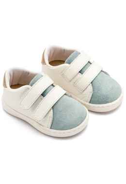 Τρίχρωμο Sneakers  Διπλή Μπαρέτα Χρατς από Δέρμα και Ύφασμα σε Λευκό Μίνεραλ Μπεζ Χρώμα