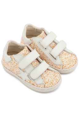 Sneaker Διπλό Χρατς απο Glitter και Δέρμα με Αστέρι στο Πλάι σε Εκρού Χρώμα
