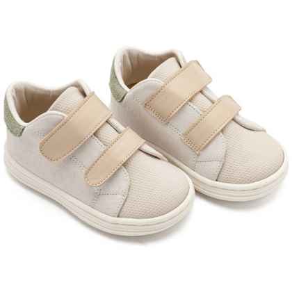 Δίχρωμο Σνίκερ από Δέρμα και Ύφασμα με Διπλή Μπαρέτα Χρατς σε Λευκό Μπεζ Χρώμα