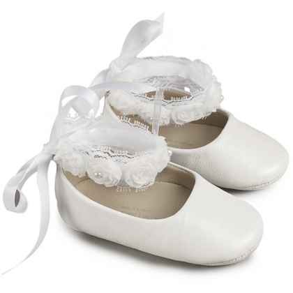 Μπαλαρίνα με Δέσιμο στον Αστράγαλο από Chiffon Λουλούδια σε Λευκό Χρώμα​