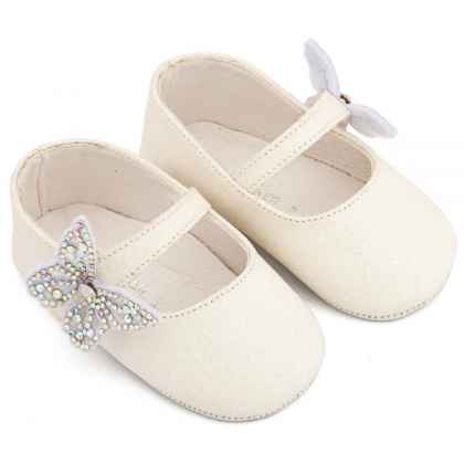 Υφασμάτινο Γοβάκι Μονή Μπαρέτα Χρατς με Στρασένια Πεταλούδα σε Λευκό Χρώμα