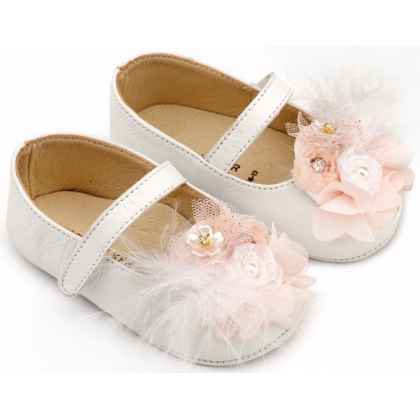 Δερμάτινο Γοβάκι Μονή Μπαρέτα με Υφασμάτινο Χειροποίητο Φιογκάκι σε Λευκό Ροζ Χρώμα