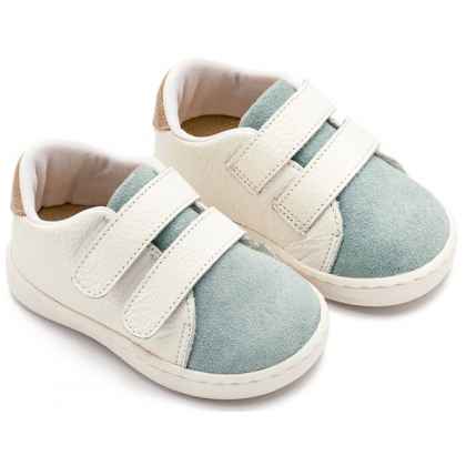 Τρίχρωμο Sneakers  Διπλή Μπαρέτα Χρατς από Δέρμα και Ύφασμα σε Λευκό Μίνεραλ Μπεζ Χρώμα