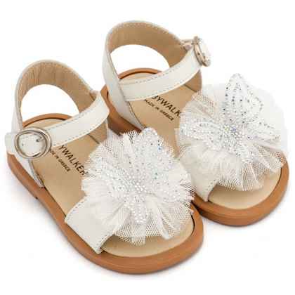 Δερμάτινο Πέδιλο Διακοσμημένο με Χειροποίητη Πεταλούδα και Τούλι σε Εκρού Χρώμα