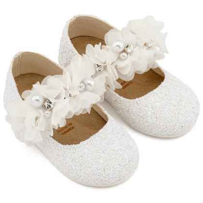 Υφασμάτινο Glitter Γοβάκι Μονή Μπαρέτα Στρας με Λουλούδια Πέρλες και Κρύσταλα Swarovski σε Λευκό Χρώμα