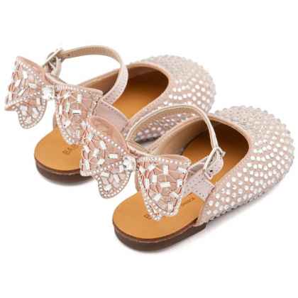 Δερμάτινο Σαμπό Διακοσμημένο Ολόγυρα με Στρας και Φιόγκο απο Στρας στη Φτέρνα σε Ροζ Αντικέ Χρώμα