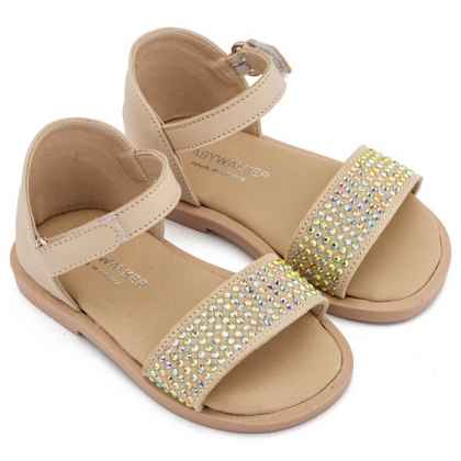 Δερμάτινο Πέδιλο Διακοσμημένο με Στρας σε Μπεζ Χρώμα
