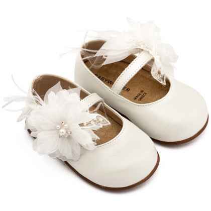 Δερμάτινο Γοβάκι Μονή Μπαρέτα Χειροποίητο Λουλούδι με Πούπουλα σε Εκρού Χρώμα