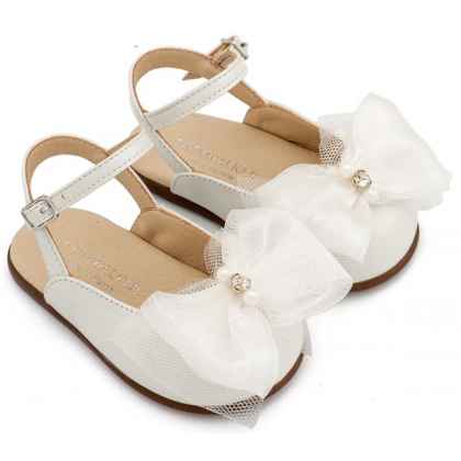 Δερμάτινο Γαλλικό Σαμπό Διακοσμημένο με Φιόγκο Οργάντζας και Στρας σε Εκρού Χρώμα