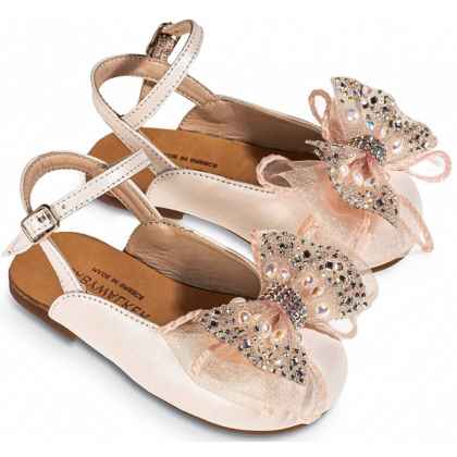 Δερμάτινο Γαλλικό Σαμπό με Φιόγκο Οργάντζας και Στρας σε Εκρού Ροζ Χρώμα