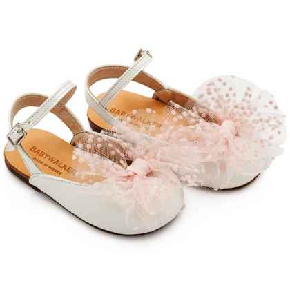 Δερμάτινο Γαλλικό Σαμπό με Χειροποίητο Τούλινο Φιόγκο σε  Εκρού Ροζ Χρώμα