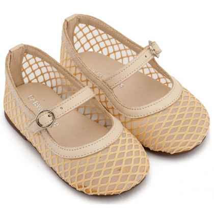 Γοβάκι Μονή Μπαρέτα Χρατς από Ύφασμα Φιλντιρέ Δίχτυ με Δερμάτινες Λεπτομέρειες  σε Μπεζ Χρώμα​